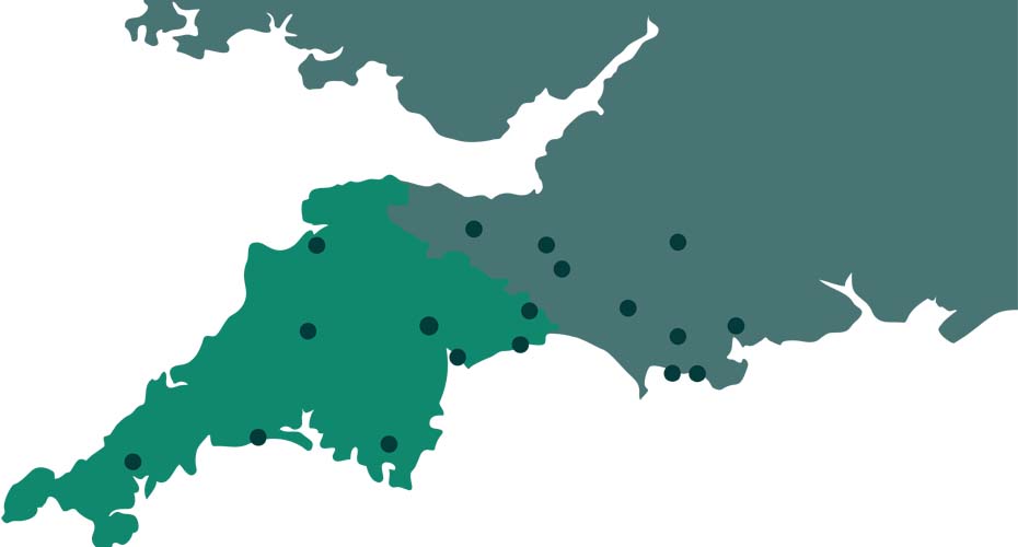 Decorative map of Devon and Cornwall showing some if the locations of placements