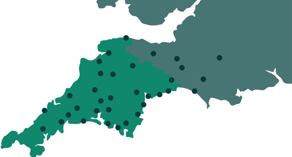 Map showing nursing placements across Devon and Cornwall
